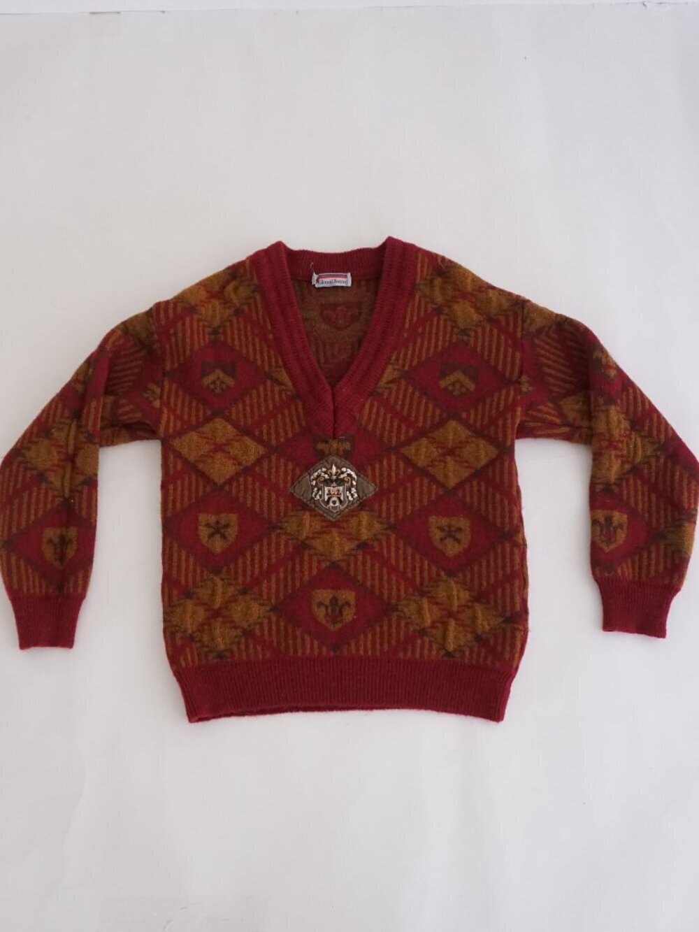 VTG Gianni Ferrari Red Brown Geometric Diamond Crest Knit Sweater Wool Blend M